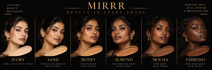 Shade palette — Mocha, Caramel, Bronze, Mahogany, Espresso, Warm Sand